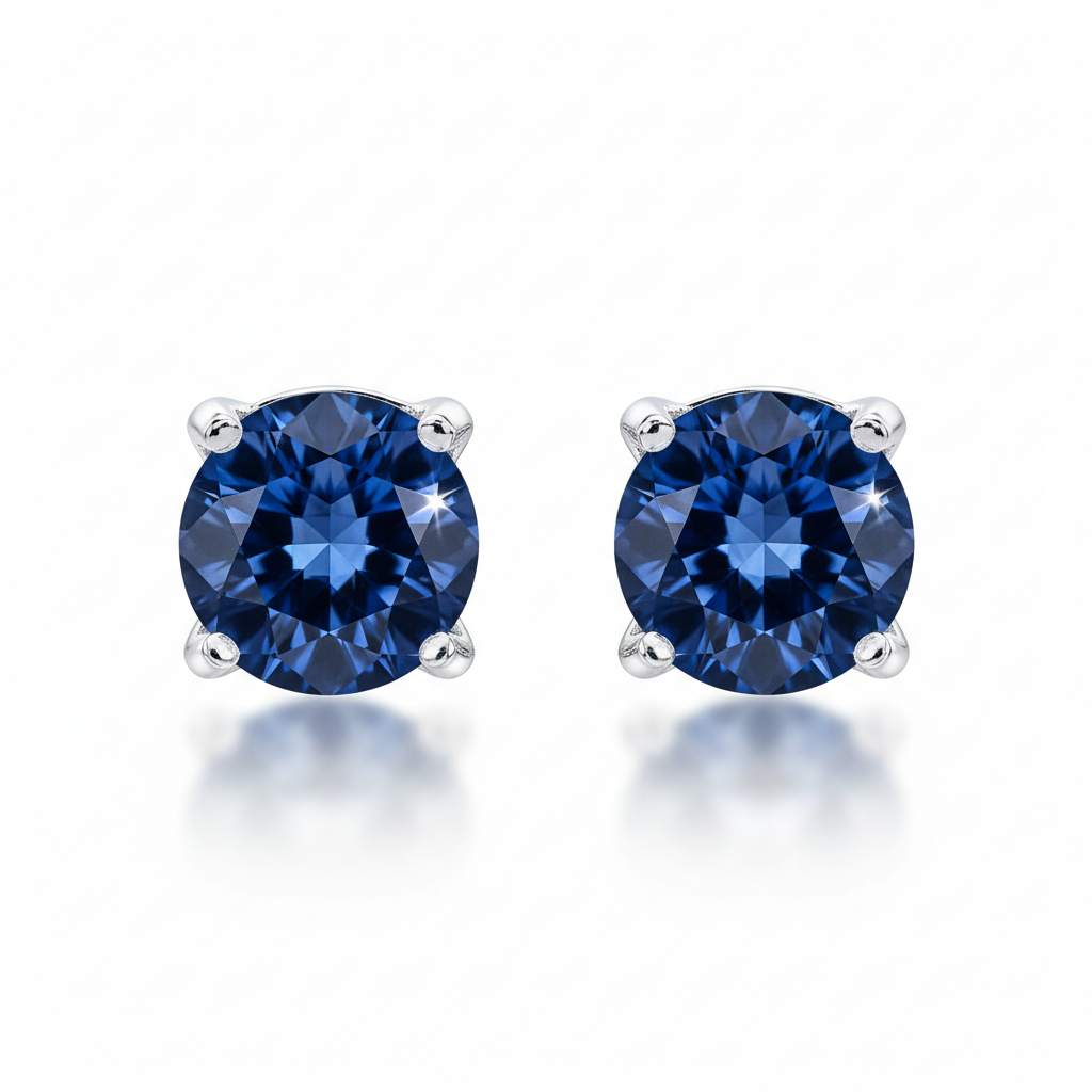 Sterling Silver Stud Earrings, Round Brilliant cut sapphires