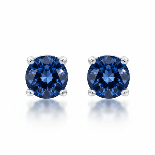 Sterling Silver Stud Earrings, Round Brilliant cut sapphires